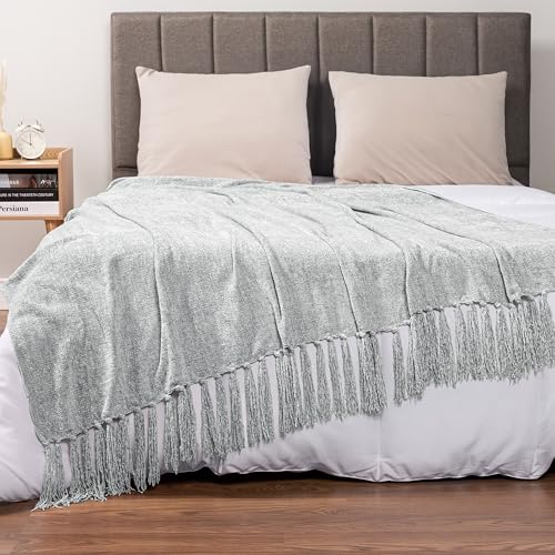 PAVILIA Light Gray Blanket for Couch, Twin Size Bed, Chenille Throw for Sofa Bed, Soft Knit Woven Gray Blanket with Decorative Tassel for Living Room, Light Grey Twin 60x80 - color: Light Grey, size: 60 X 80 Inches - Twin