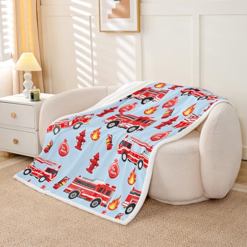 Feelyou Kids Car Sherpa Blanket Fire Engine Fleece Throw Blanket Red Fire Truck Vehicle Pattern Fuzzy Blanket for Bed Sofa Couch Bedroom Decor Plush Blanket Throw 50"x60" - color: Multi 917, size: Throw