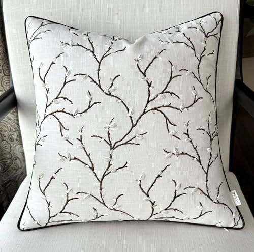 VAGMINE Embroidered Branch Botanical 18x18 Throw Pillow Cover - Ivory Cotton Square Cushion for Sofa Couch Bed - Cottagecore Farmhouse Spring Decor - Pussy Willow - color: Ivory-pussy Willow, size: 18" x 18" (Pack of 1)