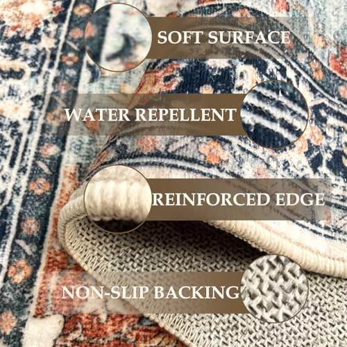RELEANY Area Rugs Small 2'x3' Washable Non-Slip, Floral Vintage Distress Medallion Carpet for Kitchen Entryway Bathroom, Beige Navy Blue Orange Colorful - color: Beige/Blue/Orange, size: 2' X 3' (Rectangular)