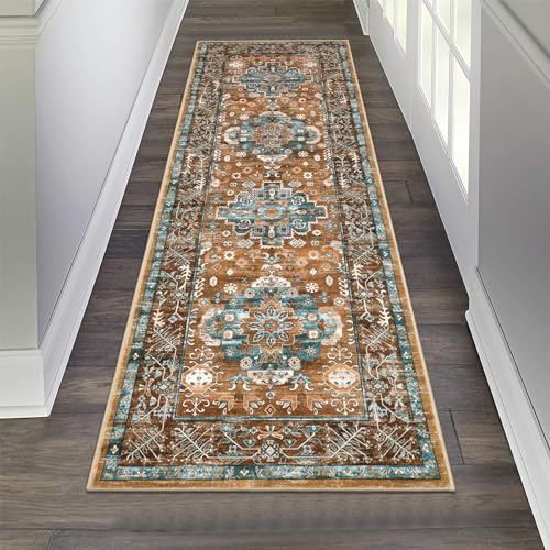 Pauwer Boho Hallway Runner Rug 2x6 Washable Entryway Area Rugs Non Slip Farmhouse Vintage Floor Mat Carpet Runner for Hallways Laundry Room Kitchen Bathroom Bedroom - color: Vintage Rust Teal, size: 2' x 6' (Runner)