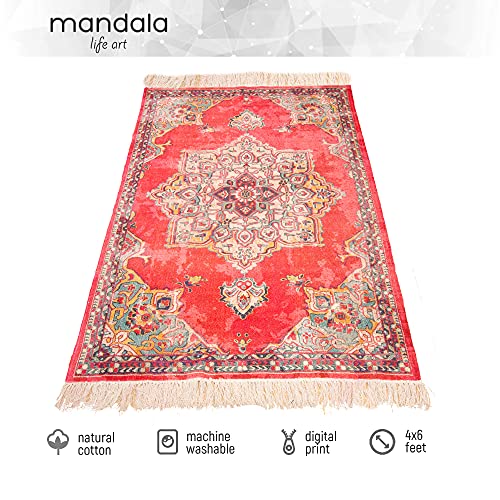 Mandala Life ART - 4' x 6' Moroccan Vintage Red Pink Vintage Rug with Fringes - Digital Print Cotton Tapestry - Bohemian Carpet - Decorative Accent Piece for You Living Room, Bedroom