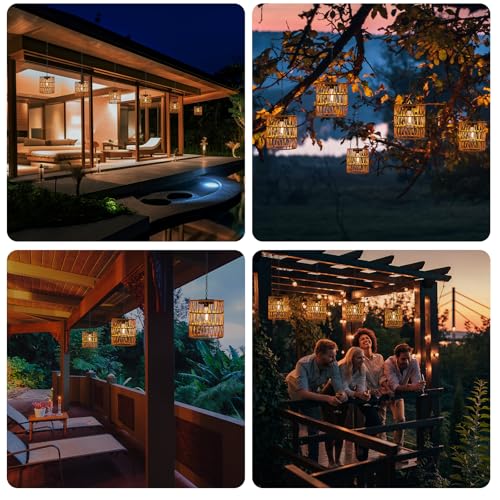 Livinlarge Solar Chandelier Lantern,Outdoor Rattan Pendant Lights,Waterproof Boho Hanging Lamps with Edison Bulb for Gazebo Tree Porch Yard Porch Patio Garden Backyard Decor - style: Solar Chandelier Lantern