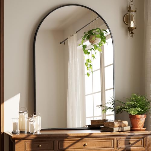 HARRITPURE Arched Bathroom Mirror - 30"x48" Black Large Wall Mounted Vanity Mirror Aluminum Alloy Frame Arch Wall Mirror for Living Room, Bedroom, Entryway - color: Black-1pcs, size: 48"L x 30"W