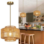 13" Boho Rattan Pendant Light Fixture, Hand Woven Wicker Hanging Lamp with Gold Ceiling Mount, Modern Farmhouse Lighting for Kitchen Island, Dining Room, Bedroom, Living Room, Entryway - color: Brown B