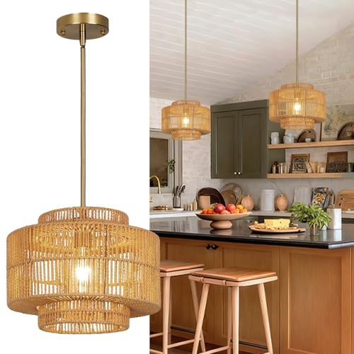 13" Boho Rattan Pendant Light Fixture, Hand Woven Wicker Hanging Lamp with Gold Ceiling Mount, Modern Farmhouse Lighting for Kitchen Island, Dining Room, Bedroom, Living Room, Entryway - color: Brown B