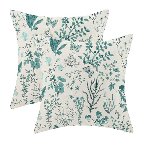 AEIOAE Summer Pillow Covers 16x16 Inch Set of 2,Teal Green Wild Flower Plant Throw Pillows Case,Seasonal Floral Outdoor Decorative Square Linen Farmhouse Decor Cushion Covers for Home Sofa Bed Couch - color: Teal Wild Floral, size: 16" x 16" (Pack of 2)