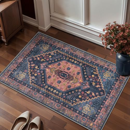 Ciicool Small Area Rug, 2x3ft Boho Rug, Ultra Soft Entry Rugs for Entryway, Non-Slip Washable Oriental Low-Pile Indoor Mat Floor Carpet for Entrance Bedroom Kitchen Bathroom Foyer Decor - color: Navy/Multi, size: 2' X 3' (Rectangular)