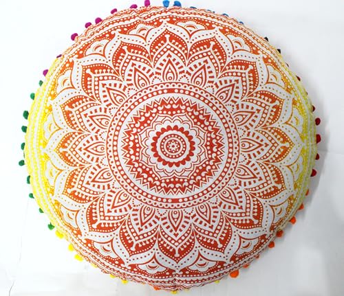 Round Mandala Floor Pillow Cover Seating Cushion Throw Cover Hippie Decorative Bohemian Ottoman Pouf Cover, Pom Pom Pillow Cases,Boho Indian 32 Inches Orange Ombre - color: Orange/Yellow, size: 32" Round