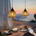 2 Pack Bamboo Chandelier/Dimmer, Waterproof Outdoor Pendant Light for Patio/Gazebo, Hand-Woven Boho Style, Battery Operated (No Wiring)