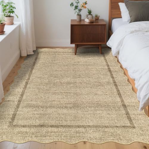 GarveeHome Scalloped Washable Rug 5x7 Area Rugs for Living Room Modern Non Slip Throw Rugs Bedroom Rugs Low Pile Soft Non Shedding Stain Resistant Carpet for Dining Room Nursery 5 ft x7 ft Jute - color: Jute, size: 5' x 7' (Rectangular)
