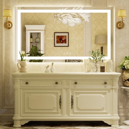 XRAMFY 55'' x 30'' LED Bathroom Mirror with Lights, Wall Mirror with Front and Backlight, 3 Colors Vanity Mirror with Lights, Anti-Fog Wall Mirror for Bathroom - size: 55"L x 30"W