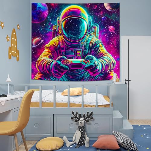 Tichgeim Blacklight Astronaut Space Tapestry for Men,Game Controller Cool Tapestry Glow in The Dark UV Wall Art for Bedroom Decor,Funny Anime Poster Wall Hanging for Boys 60" L x 51" W - color: Blacklight Space Astronauts Tapestry, size: 60"L x 51"W
