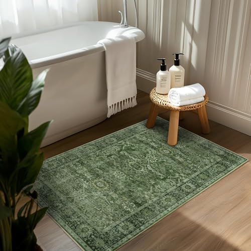 2x3 Entryway Rug Green Washable Vintage Rugs for Entryway Kitchen Low Pile Non-Slip Door Mat Traditional Distressed Small Throw Area Rugs for Kitchen Entrance Bathroom Green - color: Green, size: 2'*3'(Rectangular)