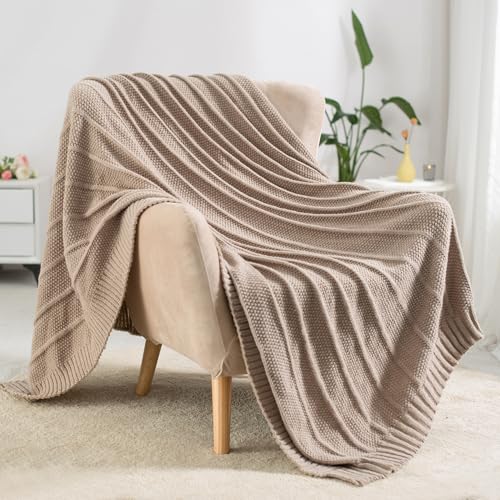 Carriediosa Knit Throw Blanket for Couch 50" X 60", Soft Cozy Stripe Pattern Cable Knitted Throws Fall Fluffy Textured Solid Home Decor Blankets Couch Cover for Bed Sofa, Taupe - color: Taupe, size: 50" X 60"