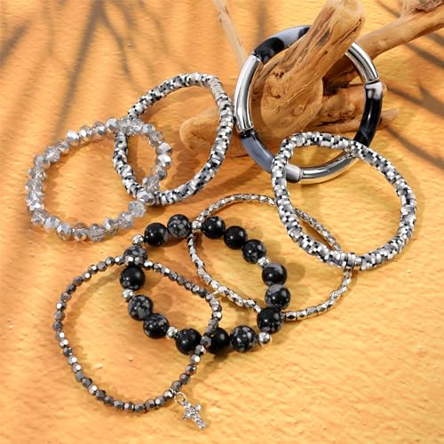 Bohemian Natural Stone Beaded Bracelets for Women Men Stackable Stretch Beads Bracelet Set with Charm and Tassel Multilayered Elastic Gemstone Bracelets Summer Beach Boho Jewelry Gift for Women - color: Black-1