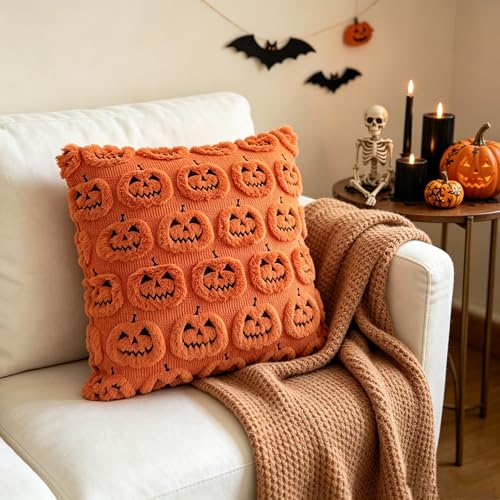 Orange Embroidered Pumpkin Halloween Throw Pillow Covers 18x18 in Set of 2, Tufted Reversible Plush Cushion Covers for Couch Sofa Holiday Decorations - color: Spooky Pumpkin