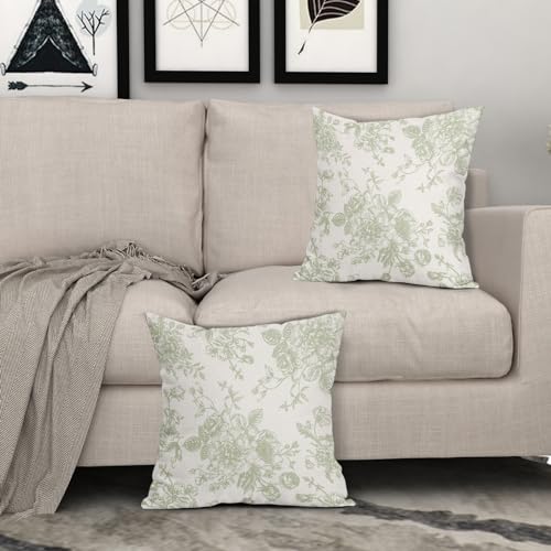 Vintage Floral Pillow Covers 18x18 Inch Set of 2 Sage Green and Cream Floral Throw Pillow Covers Chinoiserie Flower Pillowcases Rustic Farmhouse Cotton Linen Cushion Covers for Couch Bed Sofa Decor - color: Sage Green, size: 18" x 18" (Pack of 2)