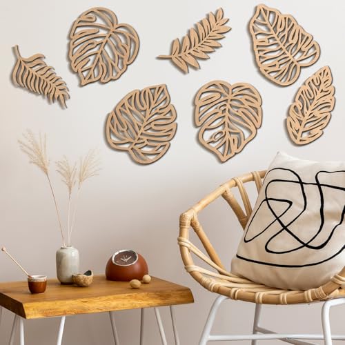 Namalu 7 Pcs Tropical Wall Decor Jungle Monstera Wall Art Boho Palm Leaf Wooden Decoration Tropical Nursery Decor Vintage Natural Monstera Leaf Plaque for Farmhouse Kitchen Bedroom Garden(Wood Color) - color: Wood Color