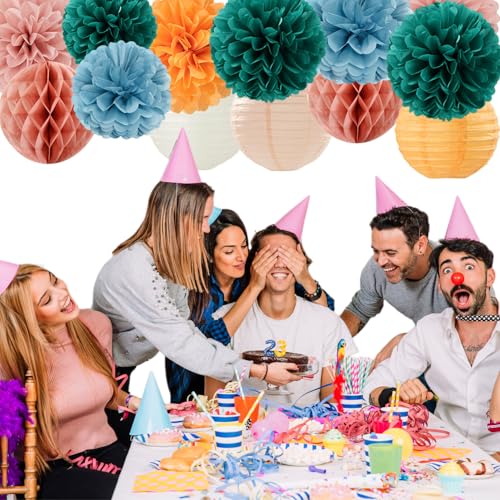 Dusty-Blue Orange Teal Party-Decorations Paper-Flowers - 15pcs Fall Rose Gold Blush Pink Birthday Baby Bridal Shower Tissue Pom Poms Lanterns Streamers,Wedding Bachelorette Hanging Supplies Hugfond - color: Blue Green Orange