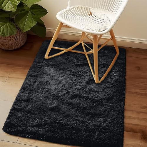 Awaytail Fluffy Rug Washable 2x3 Feet, Pure Black Desk Chair Rug Non-Slip, Super Soft Kids Rug for Boys Nursery Dorm Decor - color: Black, size: 2' x 3' (Rectangular)