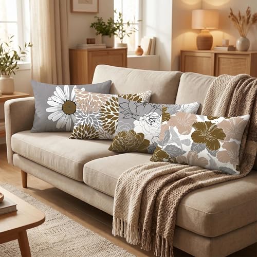 COMMINY Lumbar Throw Pillow Covers 12x20 Inch Set of 6, Brown Grey Pillow Cases for Couch Bed Decor, Farmhouse Daisy Dahlia Lumbar Pillow Cover, Indoor Decorative Cushion Cover Only, No Insert - color: Grey Brown, size: 20" x 12" (Pack of 6)