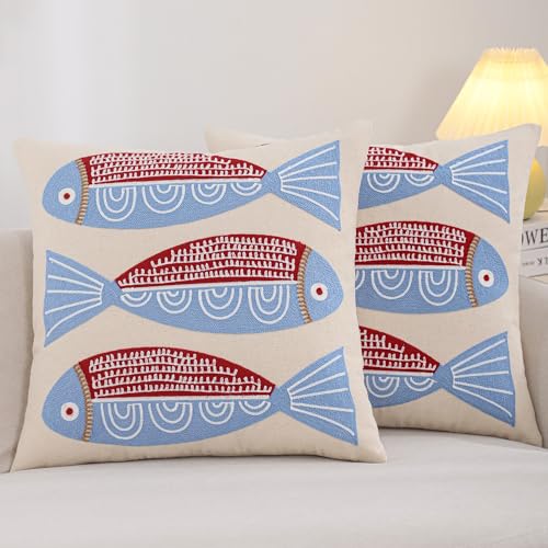 LUOYEHK Summer Embroidered Throw Pillow Covers 18x18 Inch Pack of 2 Coastal Canvas Beach Cushion Covers for Couch Sofa Bed Living Room (Red Fish) - color: A Pair of Seahorses
