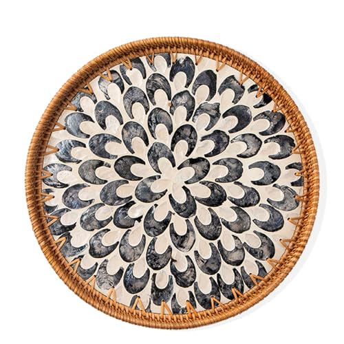 Round Rattan Tray with Mother of Pearl Inlay, Decorative Wicker Serving Tray with Wooden Base, Woven Basket Trays for Bread Fruits Coffee, Plume - color: Plume