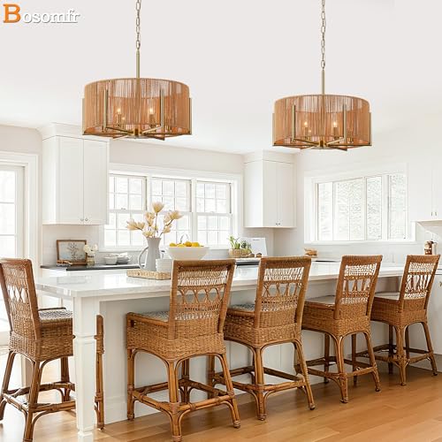 6-Light Hand-Woven Rattan Chandelier, 19.7" Farmhouse Boho Chandelier, Adjustable Rustic Wicker Ceiling Light Fixture for Dining Room Kitchen Island Bedroom Hallway Entryway - size: 19.7"