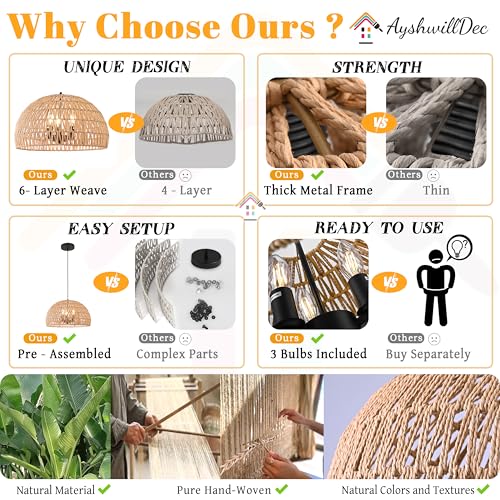 17.6 inch Hemp Rope Woven Pendant Light Wicker Pendant Light 3-light Rattan Light Fixture Boho Chandelier Farmhouse Chandelier Dome Pendants Light for Dining Room Bedroom Kitchen(Bulb Incl - color: 17.6" Natural