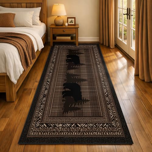 Bear Runner Rug 3.3x10, Retro Brown Cabin Rug for Runner, Forest Wildlife Bear Rugs Non-Shedding & Easy Care, for Dining Room Kitchen Office - color: Rustic Cabin, size: 3.3' x 10'(Runner)