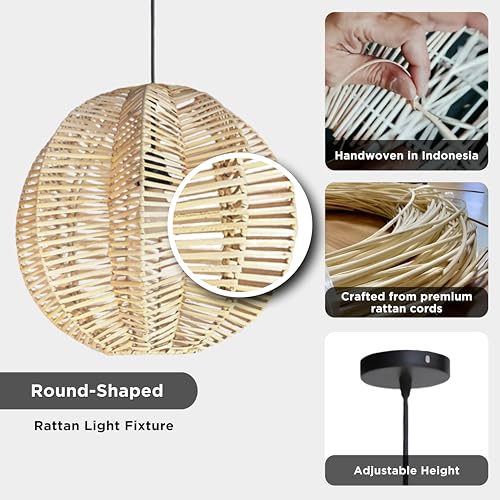 FOREVER BAMBOO Indonesian Hand-Woven Natural Rattan Pendant Light Fixture Circle Shape Woven Wicker Lampshade Chandelier Interior Decor, 15 in H x 15 in W - style: Bali Wave