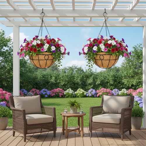 EIMQUVW Outdoor Hanging Planter(4-Pack) Black Metal Hanging Baskets with Coconut Fiber Lining 14 inch Round Chain Flower Pots for Patio Garden Greenery Decoration - size: 14 Inch, style: Circular