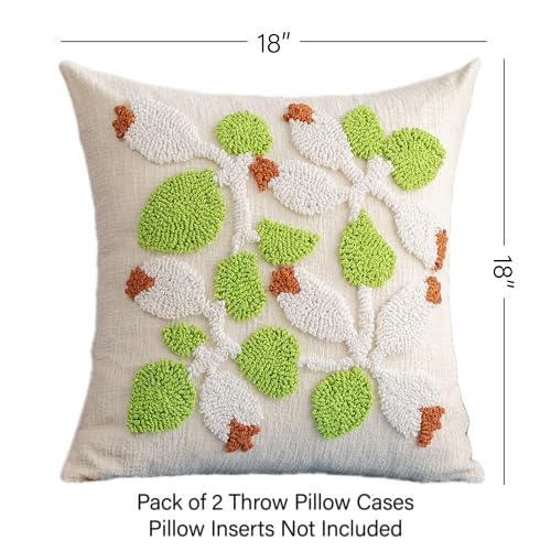 Summer Floral Throw Pillow Covers 18x18 Inch Set of 2, Chenille Embroidered Pillowcase with 3D Tufted White Flowers and Green Leaves, Boho Decorative Cushion Covers for Couch Sofa Bed - color: Green, size: 18" x 18" (Pack of 2)