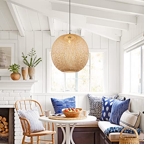 Arturesthome 1 Light Round Bamboo Pendant Lights, Wicker Chandelier Hand-Woven Boho Basket Lampshade Hanging Ceiling Light for Kitchen Island Living Room - size: 17.68″W x 14.9″H