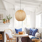 Arturesthome 1 Light Round Bamboo Pendant Lights, Wicker Chandelier Hand-Woven Boho Basket Lampshade Hanging Ceiling Light for Kitchen Island Living Room - size: 17.68″W x 14.9″H