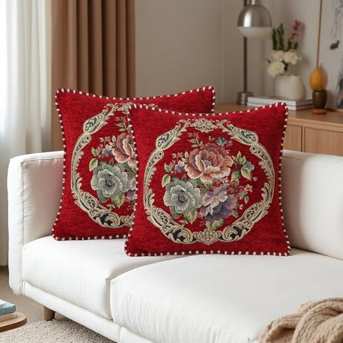 Set of 2 Vintage Floral Throw Pillow Covers, 18x18 Inch Red Chenille Embroidered Victorian Decorative Pillow Shams for Living Room Sofa Couch Bedroom - color: Red
