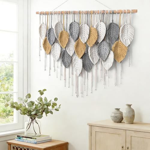 KHOYIME Large Macrame Wall Hanging Boho Woven Tapestry, Chic Modern Home Decor Bohemian Farmhouse Handmade Leaf Feather Wall Art Decorations for Living Room Bedroom Nursery Dorm Backdrop 39"W X 29.5"L - color: Yellow-39"W x 29.5"L
