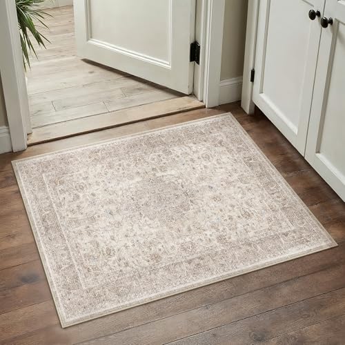PureCozy Beige Area Rug 2x3 Washable Vintage Entryway Carpet Low Pile Non Slip Distressed Door Mat Soft Traditional Retro Oriental Small Accent Throw Rug for Kitchen Bedroom Office Bathroom Laundry - color: Antique | Beige, size: 2' x 3' (Rectangular)