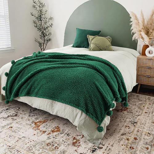 HORIMOTE HOME Ultra Soft Sherpa Throw Blanket with Pompom Fringe, Lightweight Plush Boho Throw Blanket for Couch, Sofa, Bedroom,Travel, Christmas Decor, Warm Blanket for Winter, 50"x60", Green - color: Green With Fringe, size: Throw-50'' x 60''