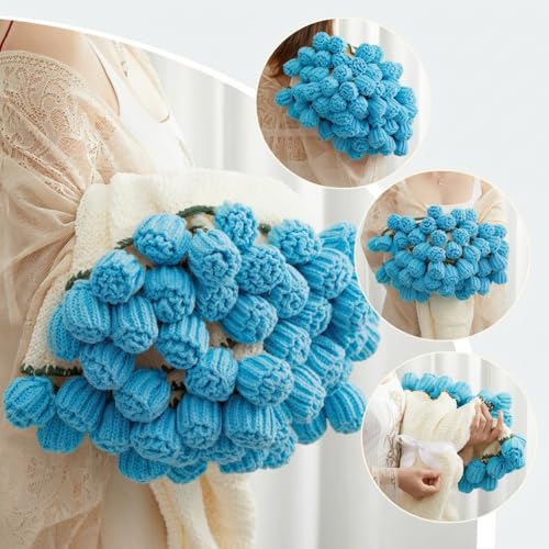 Flower Bouquet Blanket, Birthday Gifts for Mom Women Grandkids Teacher Wife Girlfriend Her, Crochet Flower Blanket, Soft Knitted Throw Blankets for Housewarming Gifts (Blue Roses) - color: D-blue Roses