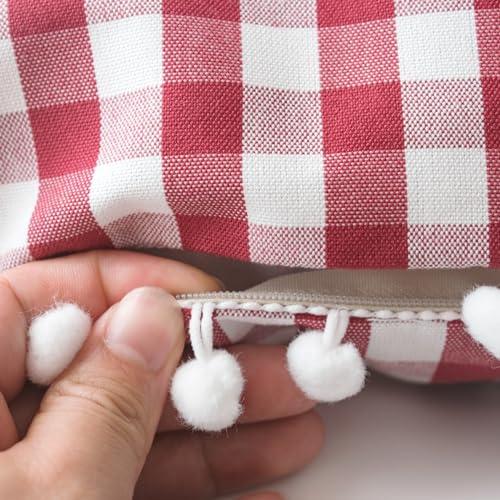 HOPLEE Red Throw Pillow Covers Farmhouse Gingham Pillow Covers with Poms for Home Decor Red and White 16x16 Inches Set of 2 - color: Red Gingham Pom, size: 16" x 16" (Pack of 2)