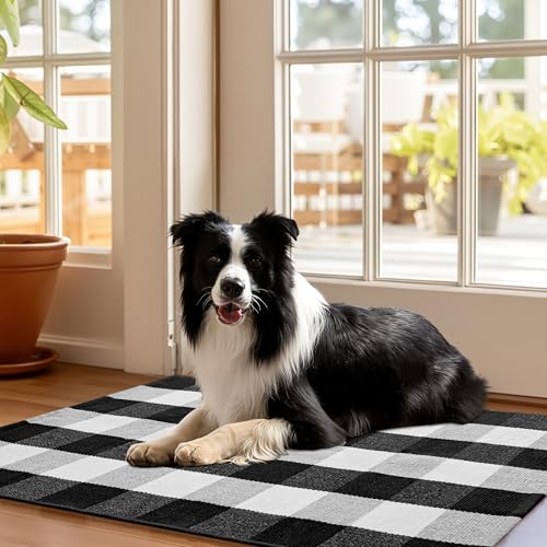 joybest Buffalo Plaid Doormats Rug 27.5 x 43 Inches Black and White Checkered Rug Cotton Hand-Woven Front Doormat Outdoor or Indoor Rugs for Front Porch, Farmhouse, Entryway - size: 2'4" x 3'7" (Rectangular)