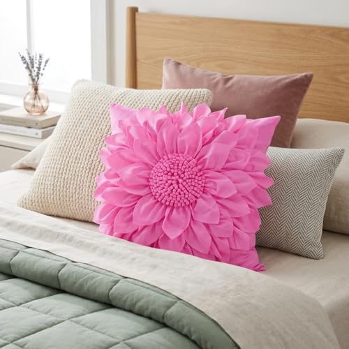 Bella's Giftshop Pink Decorative Throw Pillow Covers 18x18 Inch for Bed Sofa Couch, Handmade 3D Accent Sunflower Floral Pillowcase, Living Room Decor - color: Pink