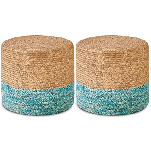 Wimarsbon 2Pcs Pouf Ottomans, Natural Seagrass Foot Stool, Hand Weaving Round Ottoman, Boho Decorative Seat, Jute Braided Pouffe Poof Accent Sitting Footrest for Living Room (18inch 68LK) - color: 18inch Water Hyacinth Braid & Teal Corn Shell