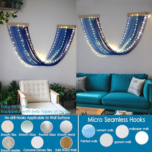 Macrame Fairy Lights Battery Operated with Remote,Large Macrame Wall Hanging with 20ft 100 LED String Lights, Blue Gradient Warm White Light for Living Room,Bedroom,Christmas,Holiday Deco - color: Blue-Warm White