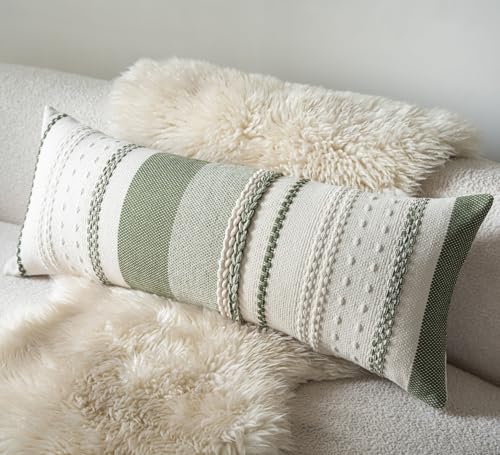 Cethom Boho Lumbar Pillow Covers 14x36 Inch Long, Green Textured Decorative Couch Pillow Cases for Farmhouse Home Decor, Accent Cushion Cover for Sofa, Bed, Living Room, Bedroom, Pack of 1 - color: Green, size: 36" x 14" (Pack of 1)