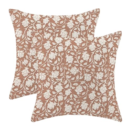 Brown Floral Throw Pillow Covers 18x18 Set of 2, Neutral Vintage Decorative Pillow Cover Flower Print Linen Outdoor Cushion Cover Brown Floral Pillowcase for Sofa Couch Farmhouse Room - color: Floral Brown, size: 18" x 18" (Pack of 2)