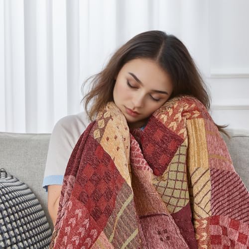 amorus Boho Sofa Cover, Chenille Jacquard Tassels Throw Blankets for Couch Bed, Decorative Sofa Slipcover Protector - Red Plaid (60 * 75inch) - color: Red Plaid, size: 60 x 75 in