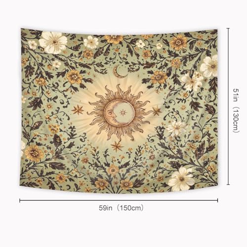 Riyidecor Boho Sun and Moon Tapestry 59Wx51H Inch Green Bohemian Whimsical Floral Flower Leaves Plant Vintage Hippie Retro Rustic Wall Hanging Artistic Home Dorm Decor Art Living Room Bedroom - color: A-green, size: 51L" x 59W"